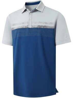 Men A- Blue Dry Fit Polo Shirt Color Block Chest Print Moisture Wick